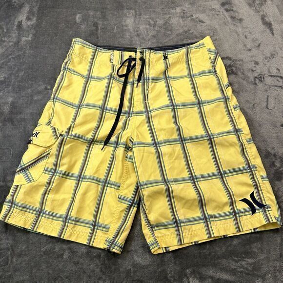 Hurley Swim‎ Trunks Mens 32 Yellow Black Check Bottoms Swimwear Surf Pool Beach - Picture 1 of 11